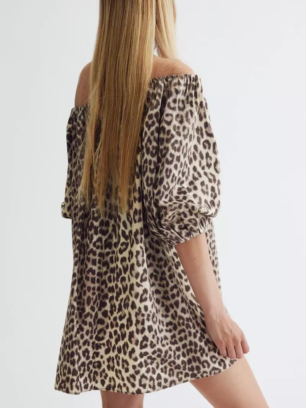 H&M Leopard Print Off-The-Shoulder Balloon Sleeve Dress - Picture 2 of 6